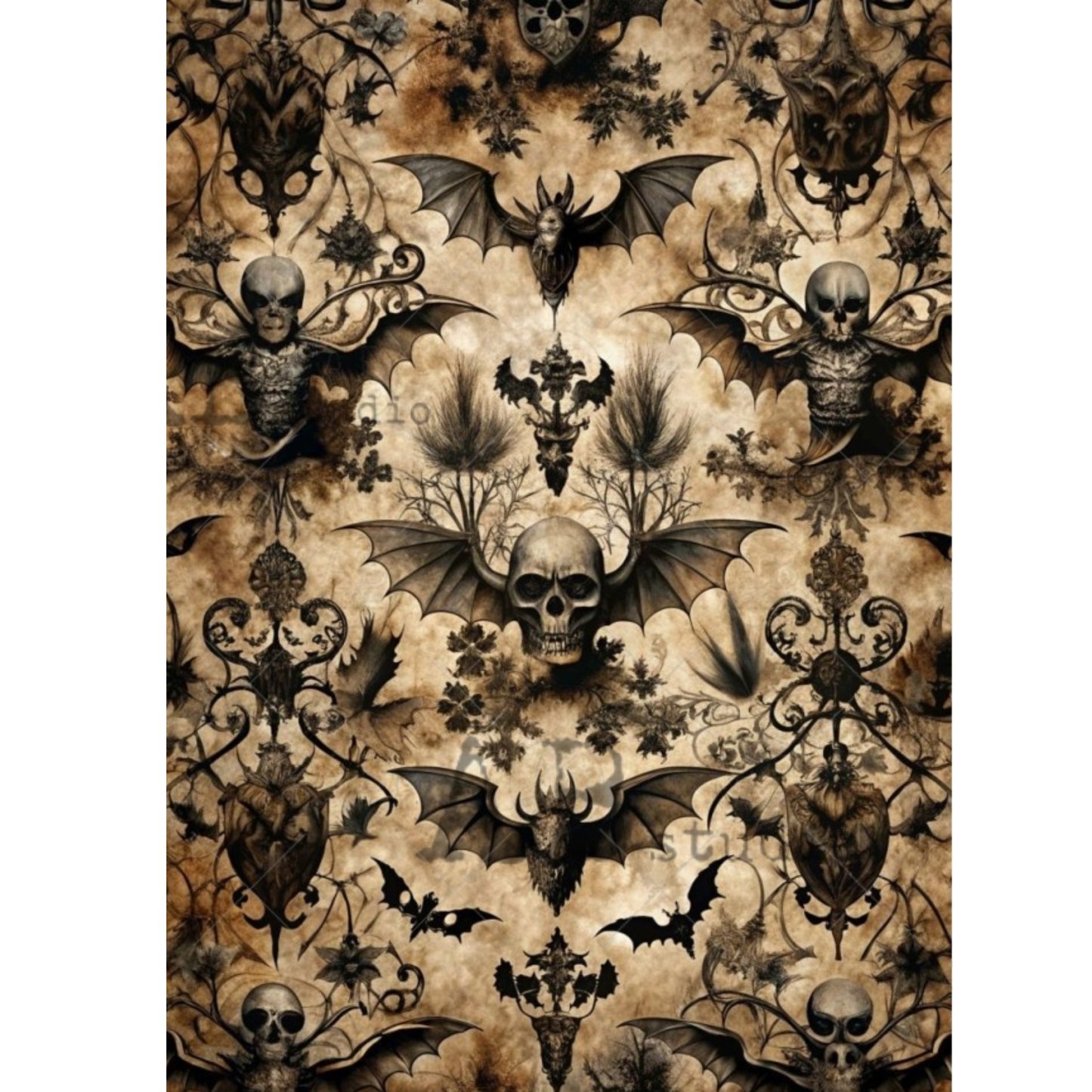 A repeating gothic pattern featuring black bat wings, skulls, ornate filigree, and small skeletal figures on a mottled beige and brown background.
