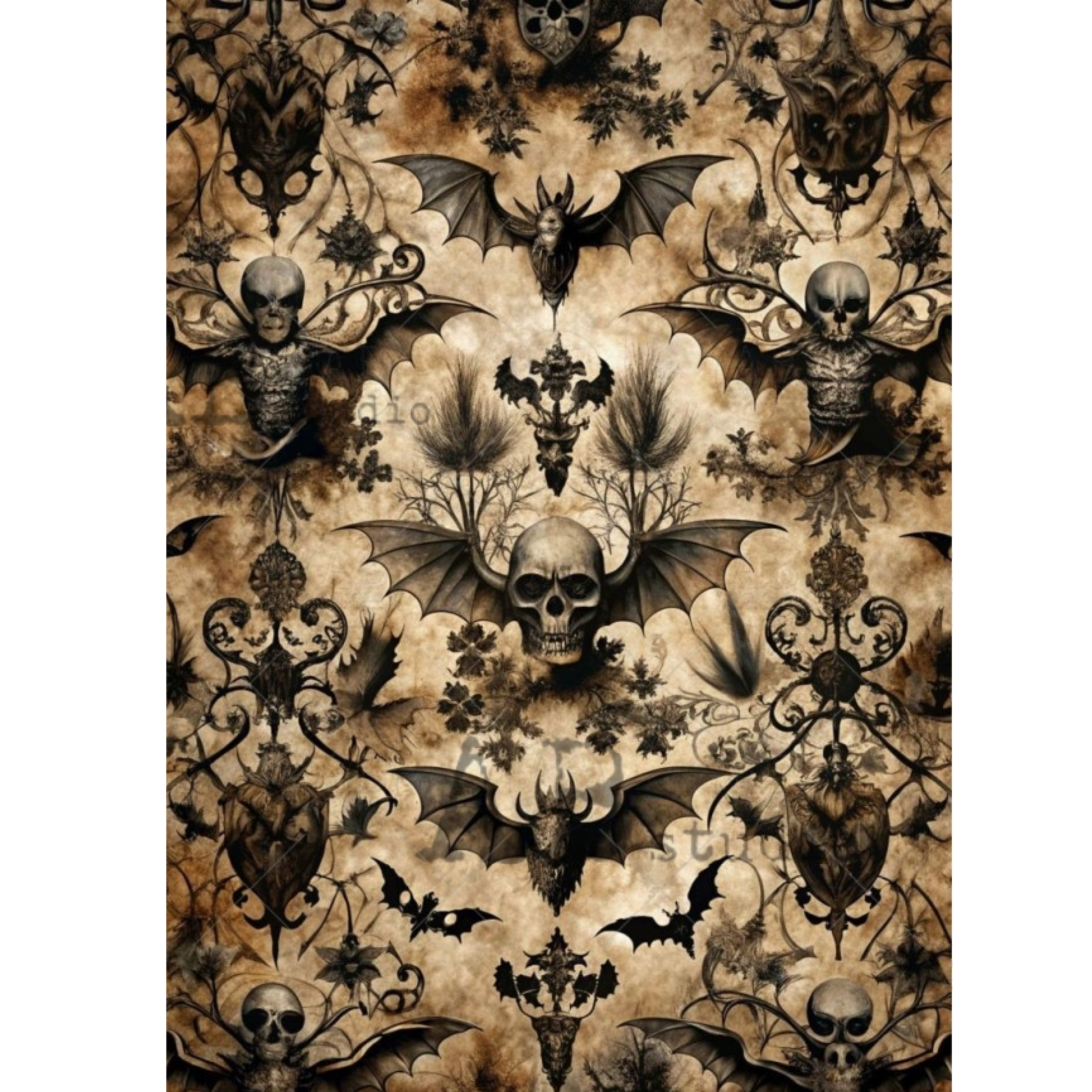 A repeating gothic pattern featuring black bat wings, skulls, ornate filigree, and small skeletal figures on a mottled beige and brown background.