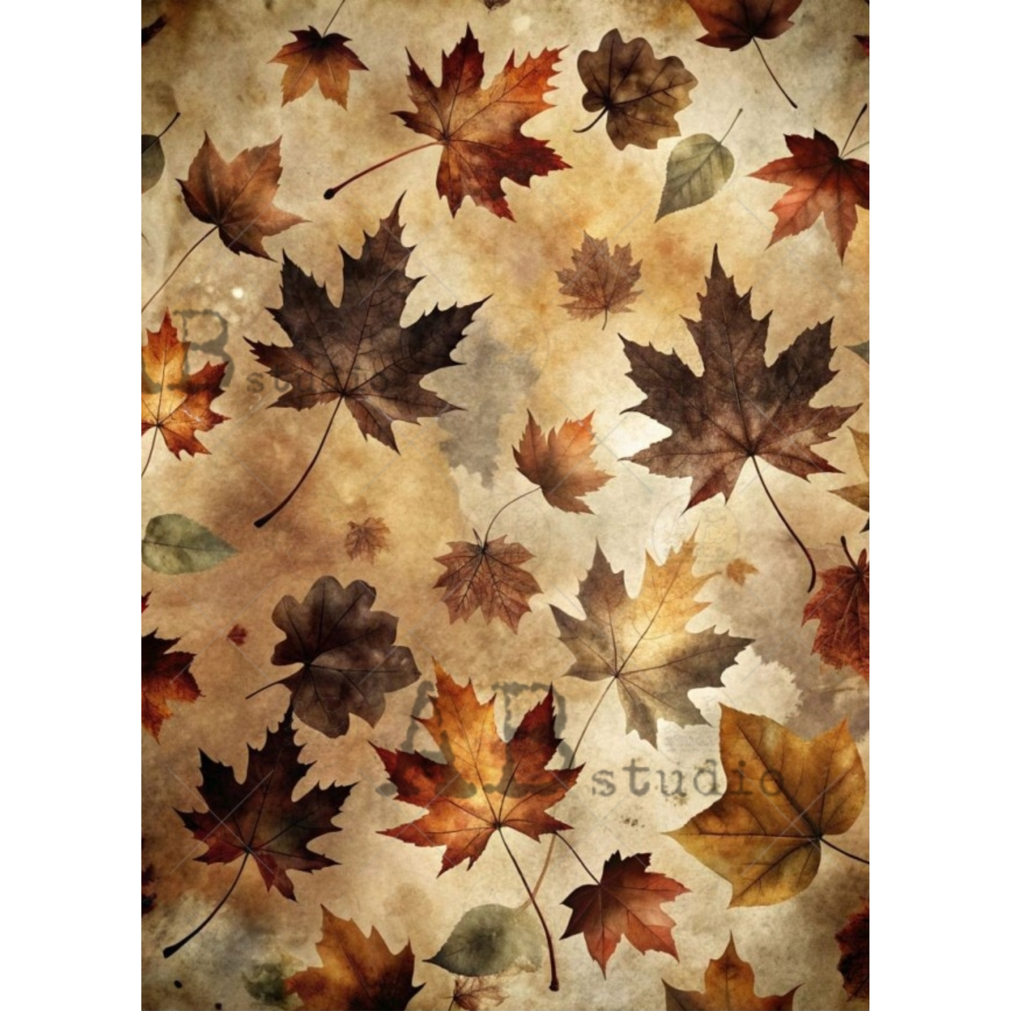 A repeating pattern of autumn maple leaves in shades of brown, orange, and yellow on a textured beige background.