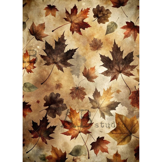 A repeating pattern of autumn maple leaves in shades of brown, orange, and yellow on a textured beige background.
