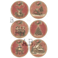 Six round Christmas-themed decorative designs. Each features a vintage red plaid design with different holiday illustrations: a deer, a sleigh, children singing, a Christmas tree, a lantern, and a snowy house.