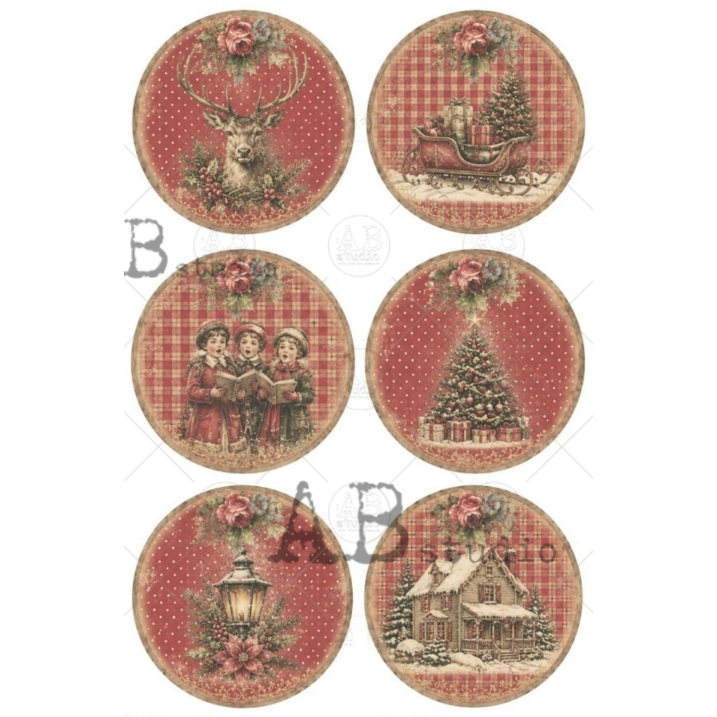 Six round Christmas-themed decorative designs. Each features a vintage red plaid design with different holiday illustrations: a deer, a sleigh, children singing, a Christmas tree, a lantern, and a snowy house.