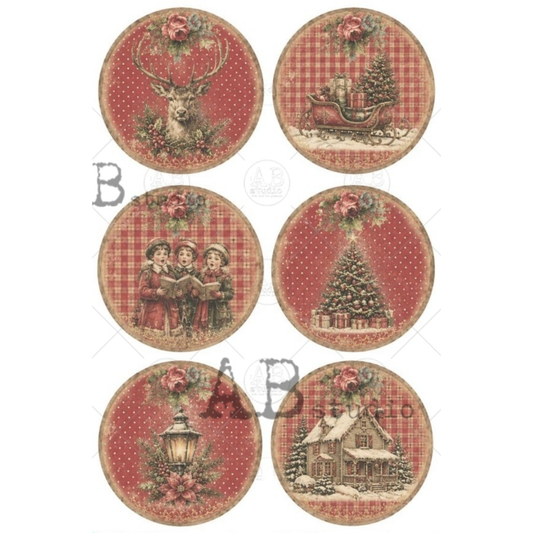 Six round Christmas-themed decorative designs. Each features a vintage red plaid design with different holiday illustrations: a deer, a sleigh, children singing, a Christmas tree, a lantern, and a snowy house.