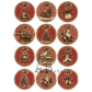 Twelve circular Christmas-themed designs, each featuring a vintage red-and-brown gingham pattern with festive illustrations such as a deer, Santa Claus, a Christmas tree, a house, stockings, and bells, with floral accents.