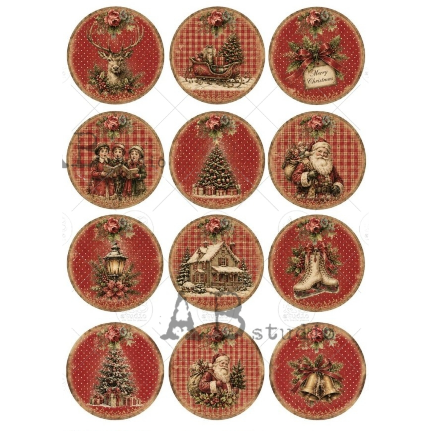Twelve circular Christmas-themed designs, each featuring a vintage red-and-brown gingham pattern with festive illustrations such as a deer, Santa Claus, a Christmas tree, a house, stockings, and bells, with floral accents.