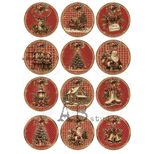 Twelve circular Christmas-themed designs, each featuring a vintage red-and-brown gingham pattern with festive illustrations such as a deer, Santa Claus, a Christmas tree, a house, stockings, and bells, with floral accents.