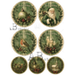 A set of seven circular Christmas-themed decorative images, each featuring vintage holiday illustrations such as Santa Claus, a robin chicken, candles, a sleigh, a lantern, and a church, with 'Merry Christmas' text and green wreath borders.