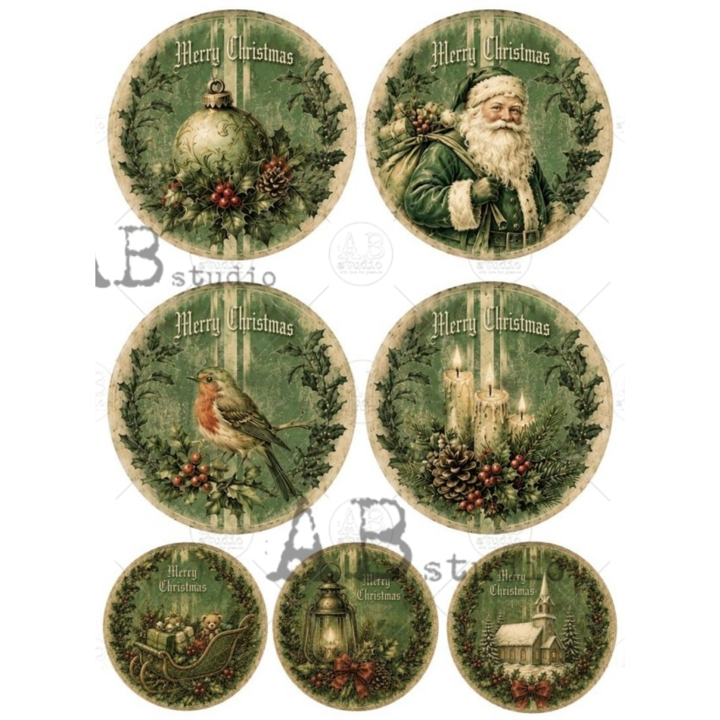 A set of seven circular Christmas-themed decorative images, each featuring vintage holiday illustrations such as Santa Claus, a robin chicken, candles, a sleigh, a lantern, and a church, with 'Merry Christmas' text and green wreath borders.