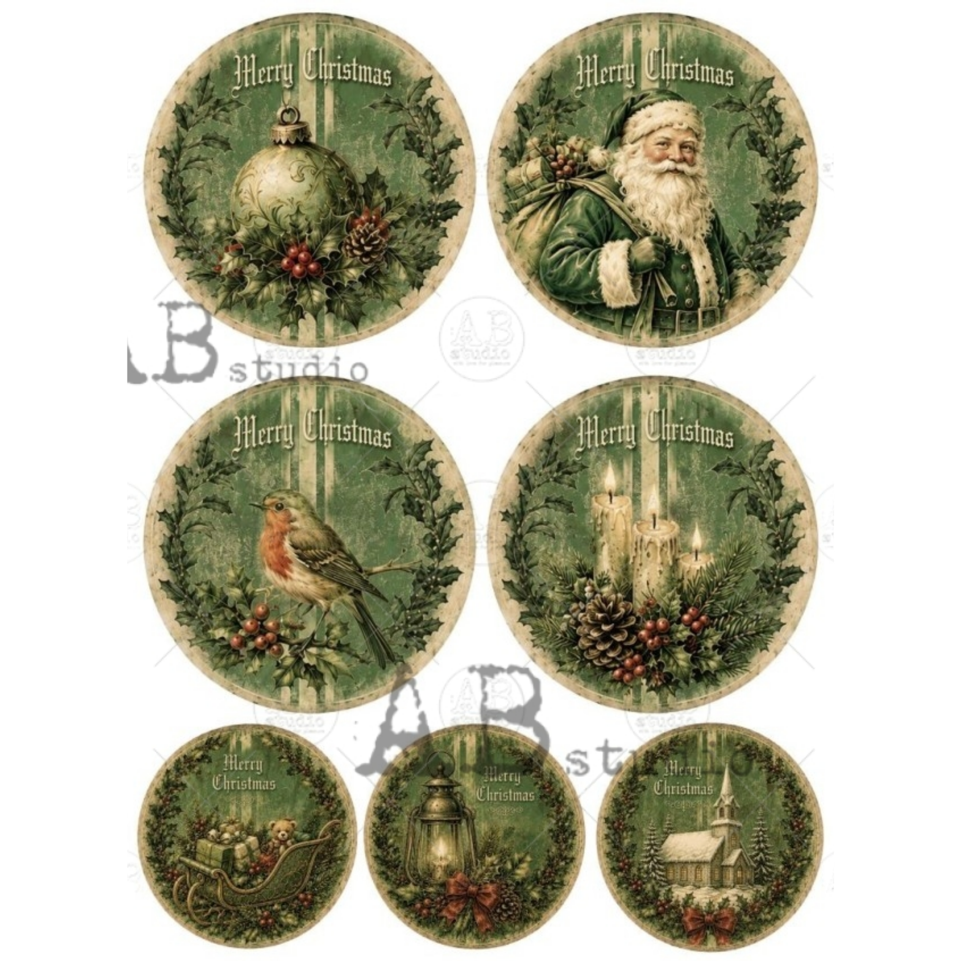 A set of seven circular Christmas-themed decorative images, each featuring vintage holiday illustrations such as Santa Claus, a robin chicken, candles, a sleigh, a lantern, and a church, with 'Merry Christmas' text and green wreath borders.