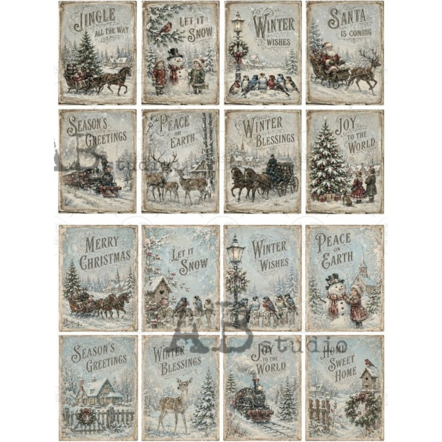 12 vintage Christmas-themed paper tag designs. Each tag design features a rustic, weathered design with holiday illustrations such as Santa Claus, reindeer, snow scenes, and festive greetings like 'Winter Wishes' and 'Merry Christmas'.