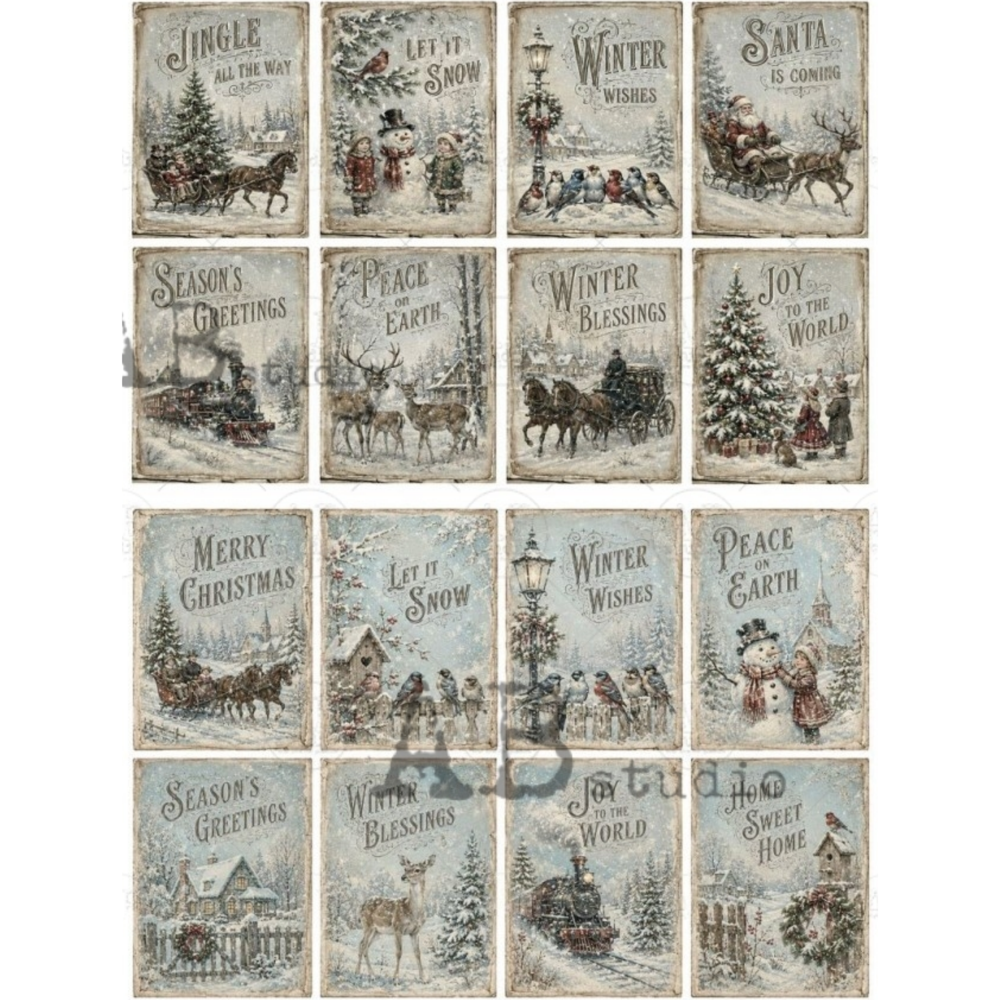 12 vintage Christmas-themed paper tag designs. Each tag design features a rustic, weathered design with holiday illustrations such as Santa Claus, reindeer, snow scenes, and festive greetings like 'Winter Wishes' and 'Merry Christmas'.