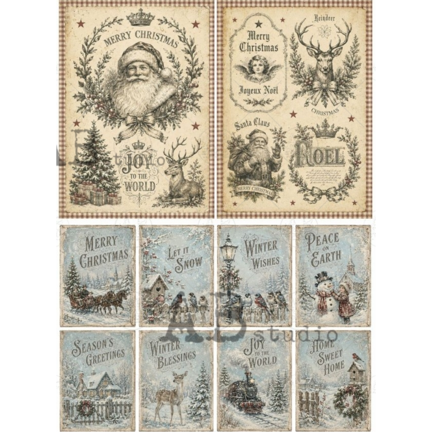 A set of vintage-style Christmas tag designs featuring illustrations of Santa Claus, reindeer, snow scenes, wreaths, and holiday text such as Merry Christmas, Joy to the World, Peace on Earth, and Winter Blessings.