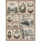 A Christmas-themed collage featuring multiple vintage-style panels with holiday illustrations and text, including Santa Claus, a train, a deer, a snowman, wreaths, stars, and phrases such as Merry Christmas, Noel, Peace, Joy, Love, and Winter Wishes.