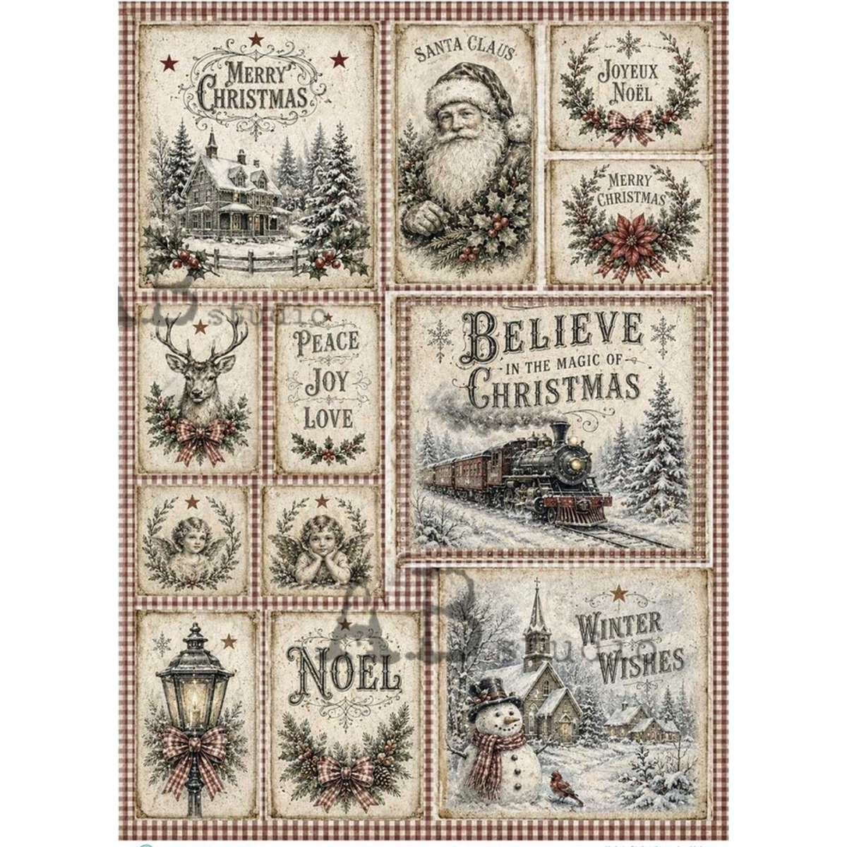 A Christmas-themed collage featuring multiple vintage-style panels with holiday illustrations and text, including Santa Claus, a train, a deer, a snowman, wreaths, stars, and phrases such as Merry Christmas, Noel, Peace, Joy, Love, and Winter Wishes.