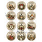 A set of 12 circular Christmas-themed designs, featuring a different rustic vintage illustration, including birds, a wreath, a birdhouse, a sleigh, a lantern, a robin, stockings, a mailbox, a house, and deer, all with a weathered wood texture and the word 'Christmas' written at the top.