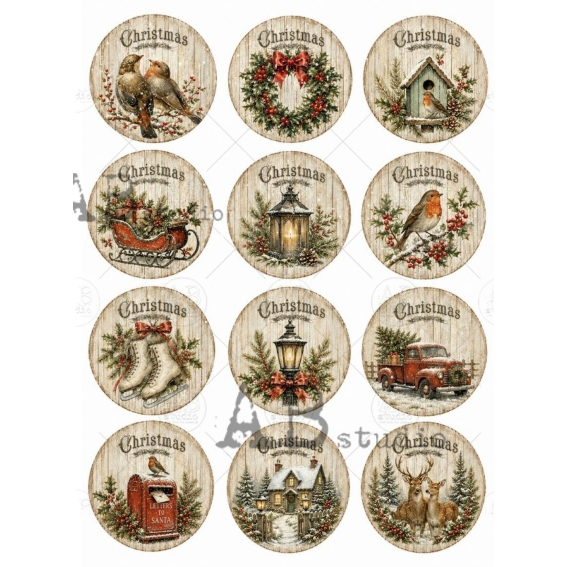 A set of 12 circular Christmas-themed designs, featuring a different rustic vintage illustration, including birds, a wreath, a birdhouse, a sleigh, a lantern, a robin, stockings, a mailbox, a house, and deer, all with a weathered wood texture and the word 'Christmas' written at the top.
