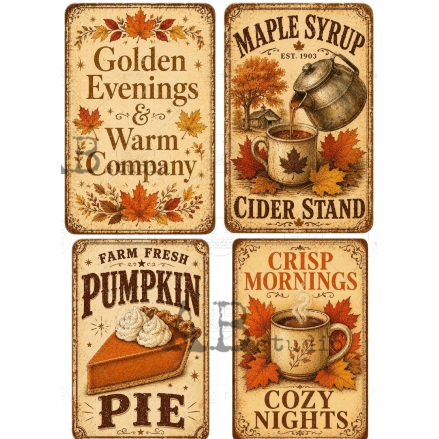 Four vintage-style autumn signs with fall-themed illustrations and text.