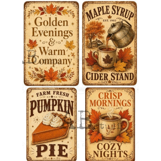 Four vintage-style autumn signs with fall-themed illustrations and text.