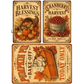 Three vintage-style  autumn decorative signs with fall harvest themes:'Harvest Blessings' with pumpkins and gourds, 'Cranberry Harvest' with a bucket of red cranberries, and 'Pumpkin Pie Bake-Off' with a slice of pumpkin pie and the text 'TODAY ONLY'.