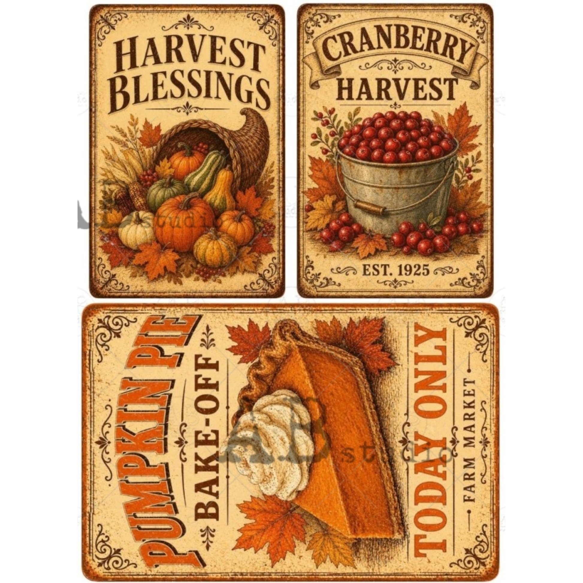 Three vintage-style  autumn decorative signs with fall harvest themes:'Harvest Blessings' with pumpkins and gourds, 'Cranberry Harvest' with a bucket of red cranberries, and 'Pumpkin Pie Bake-Off' with a slice of pumpkin pie and the text 'TODAY ONLY'.