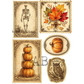 A set of five vintage-style Halloween-themed decorative illustrations with scalloped edges, featuring illustrations of a skeleton, autumn leaves, stacked pumpkins, a pumpkin, and an owl.