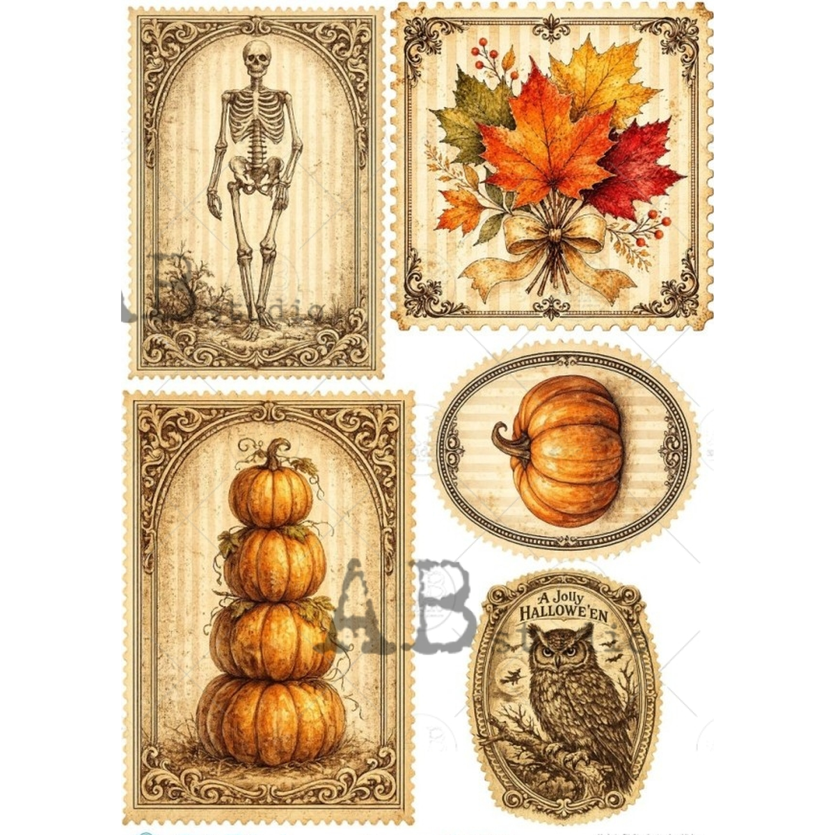 A set of five vintage-style Halloween-themed decorative illustrations with scalloped edges, featuring illustrations of a skeleton, autumn leaves, stacked pumpkins, a pumpkin, and an owl.