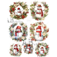 Six Christmas snowman illustrations , each framed by a floral wreath. The snowmen wear red hats and scarves, with white and red berries, green foliage, and some blue-gray accents.
