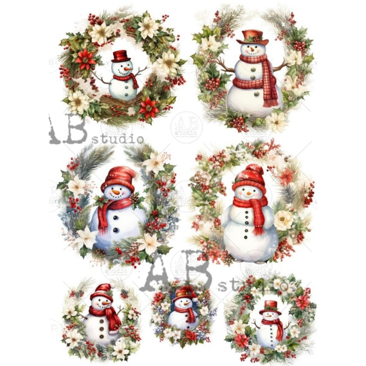 Six Christmas snowman illustrations , each framed by a floral wreath. The snowmen wear red hats and scarves, with white and red berries, green foliage, and some blue-gray accents.
