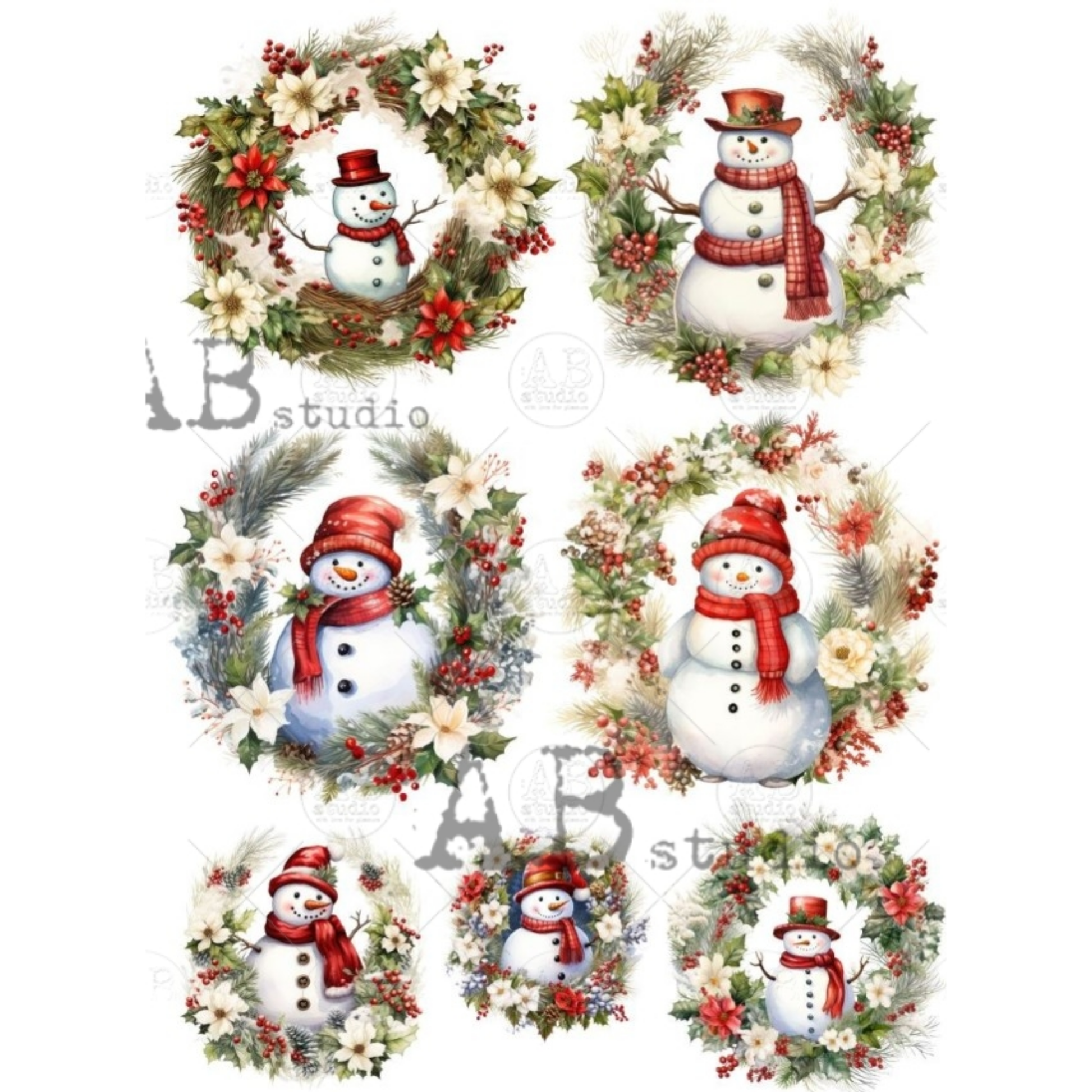 Six Christmas snowman illustrations , each framed by a floral wreath. The snowmen wear red hats and scarves, with white and red berries, green foliage, and some blue-gray accents.