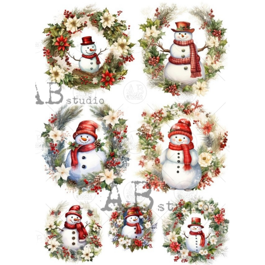 Six Christmas snowman illustrations , each framed by a floral wreath. The snowmen wear red hats and scarves, with white and red berries, green foliage, and some blue-gray accents.