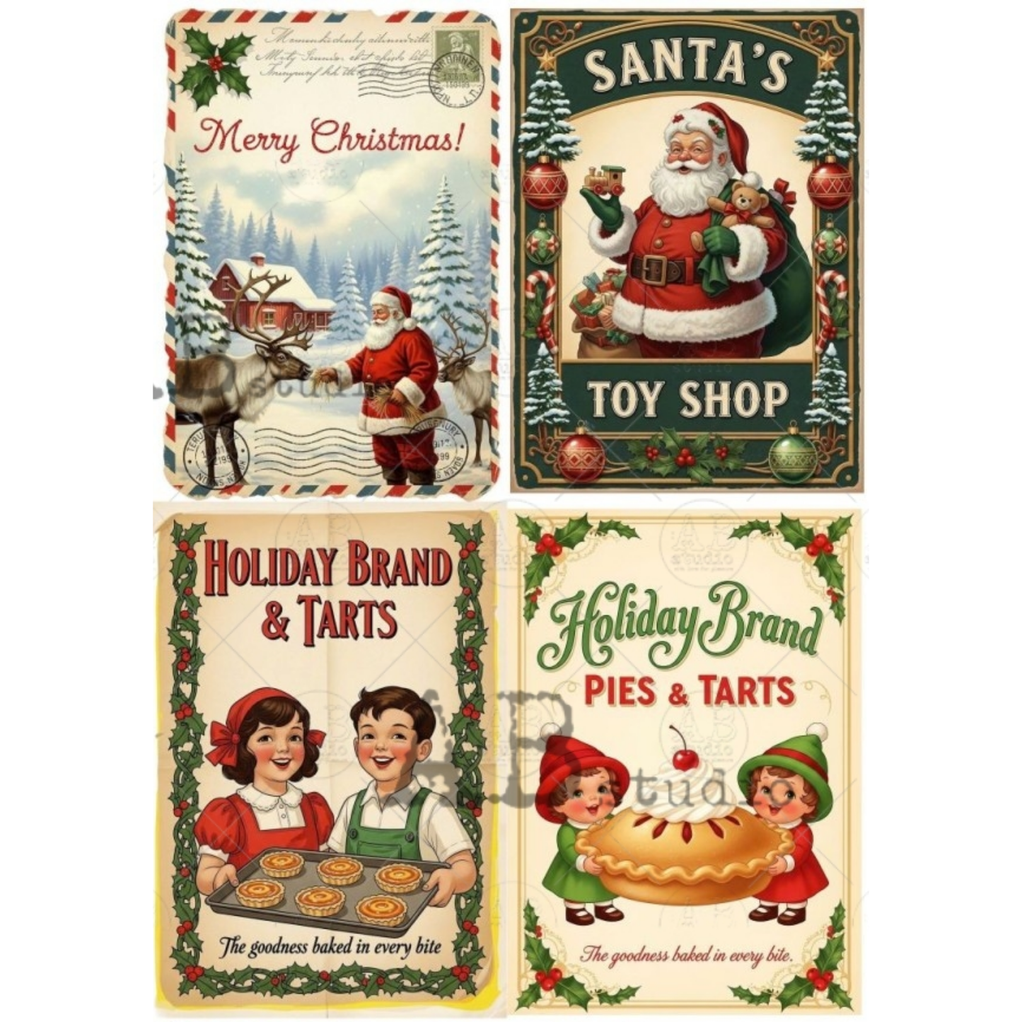 Four vintage-style Christmas tin sign designs featuring holiday illustrations including Santa Claus, a reindeer, children baking tarts, and a pie, with text such as 'Merry Christmas!', 'Santa's Toy Shop', 'Holiday Brand & Tarts', and 'Holiday Brand Pies & Tarts'.