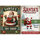 Two vintage-style Santa-themed sign images. The left sign reads 'Santa's Toy Shop' with an illustration of Santa carrying gifts and toys, surrounded by Christmas trees and ornaments. The second reads, "Santa's Workshop" and shows an illustration of Santa with toy bag.