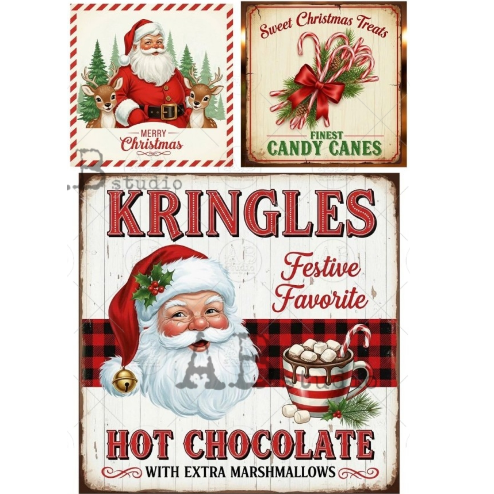 A vintage-style Kringle's Christmas sign featuring Santa Claus, candy canes, reindeer, marshmallows, and hot chocolate, shown alongside two smaller matching holiday graphics.