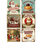 Six vintage Christmas-themed sign designs featuring Santa Claus, pies, gingerbread, and holiday sweets with retro typography.