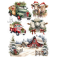 A collage of Christmas-themed watercolor illustrations, including two vintage trucks decorated with greenery and red bows, three cows wearing Santa hats, three sheep with red bows, and a snowy farm scene with a red barn and evergreen trees.