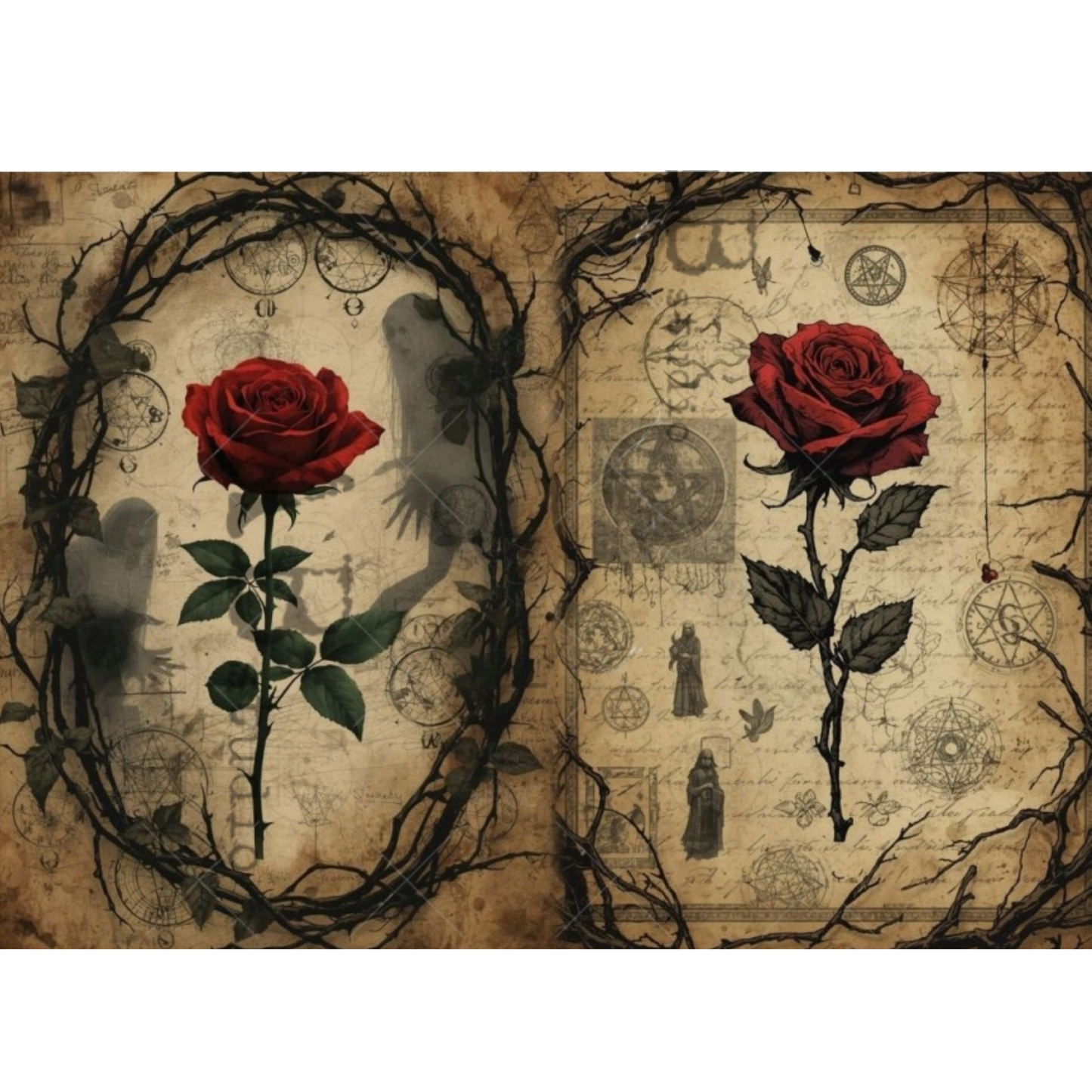 Decorative paper featuring two red roses with green leaves, framed by dark thorny vines on an aged beige parchment-style background with occult and celestial sketches.