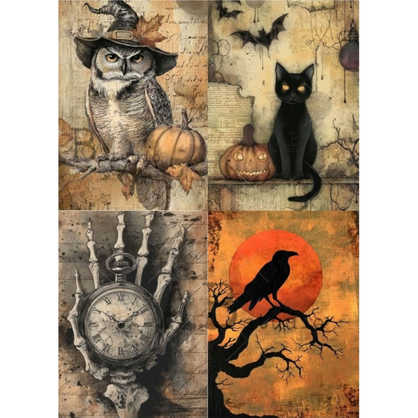 A collage of four Halloween-themed artworks: an owl in a witch hat with pumpkins, a black cat beside a jack-o'-lantern, a skeleton hand holding a pocket watch, and a raven on a bare tree in front of an orange full moon.