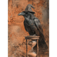 A gothic-style artwork featuring a black raven perched on a small table above an hourglass, set against a distressed orange-brown background with vintage script and map elements.