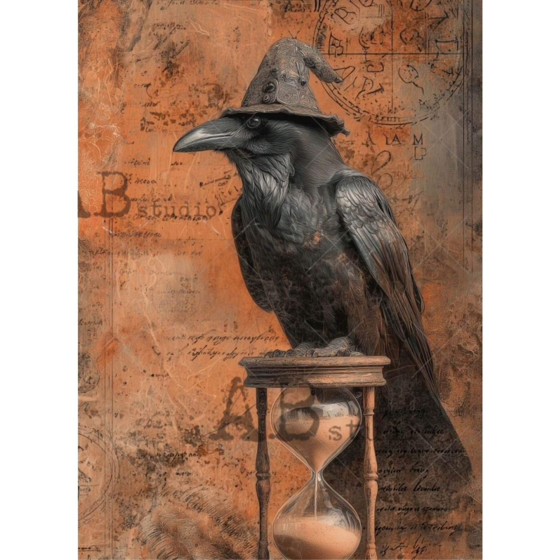 A gothic-style artwork featuring a black raven perched on a small table above an hourglass, set against a distressed orange-brown background with vintage script and map elements.
