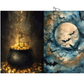 A split Halloween-themed artwork: the left half shows a black cauldron filled with glowing gold coins and smoke, and the right half shows a large full moon, bats, and swirling blue-gray clouds.