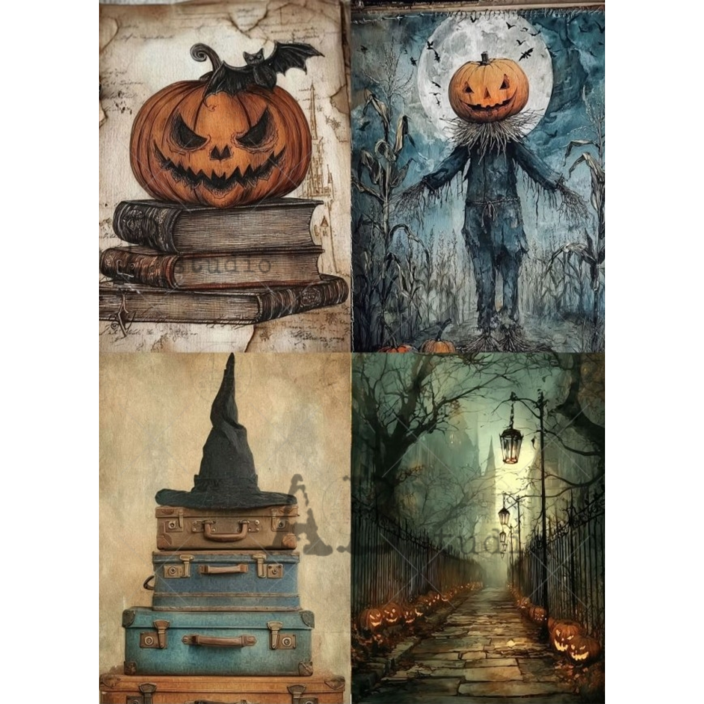A collage of Halloween-themed art prints: a carved pumpkin on stacked books, a ghostly figure with a jack-o'-lantern head under a full moon, a witch hat resting on vintage suitcases, and a foggy haunted path lined with glowing pumpkins.