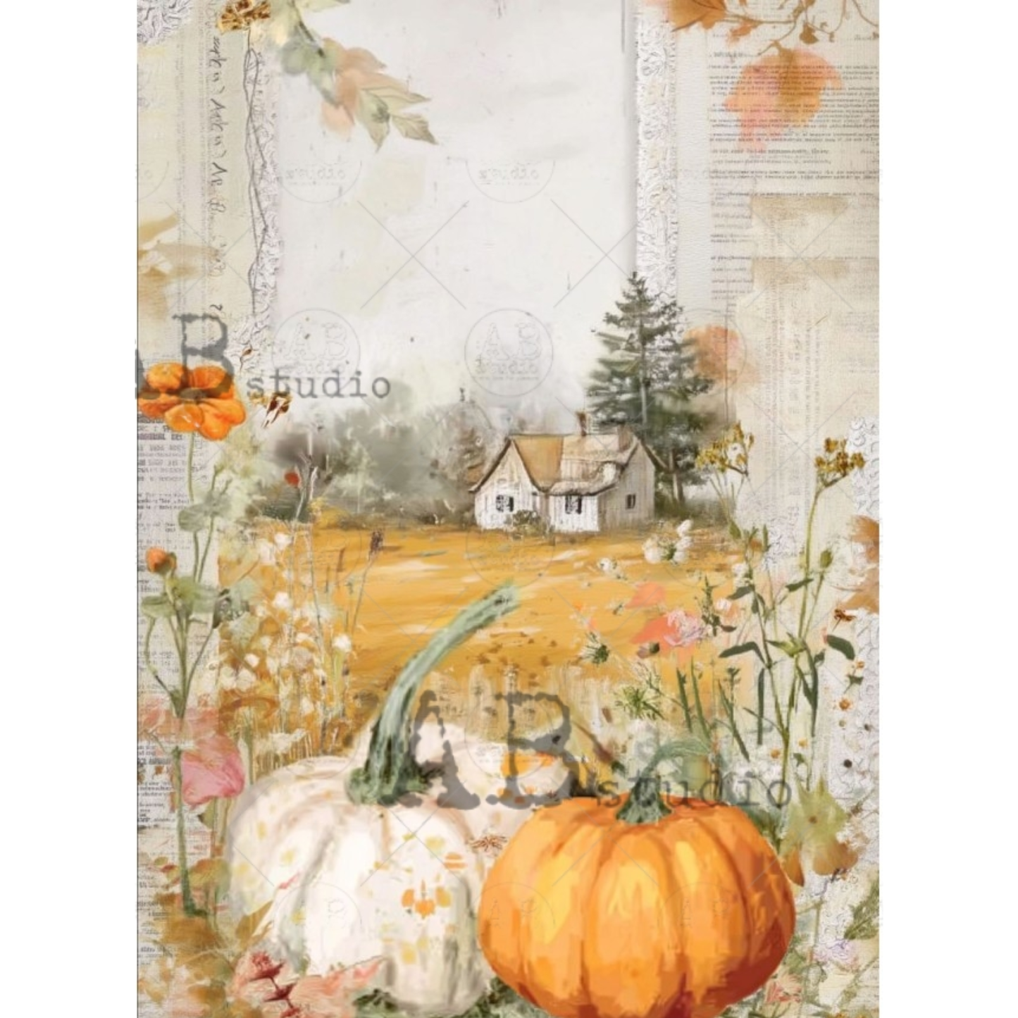 A vintage-style autumn collage print featuring pumpkins, wildflowers, a small house, trees, and aged paper textures in warm orange, beige, cream, and muted green tones.