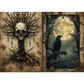 A gothic-style artwork with two vertical panels: the left shows a human skull emerging from dark tree branches with hanging beads and autumn leaves; the right shows a black raven perched in a moonlit forest with bare branches and falling leaves. The overall composition uses sepia parchment tones, dark charcoal/black elements, and a large pale full moon.