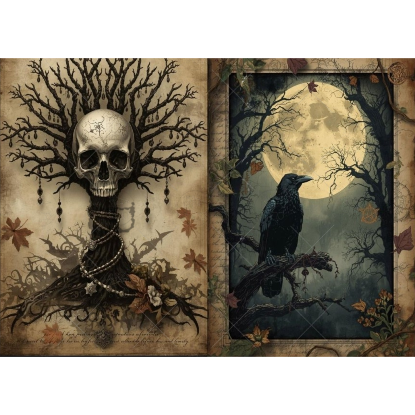 A gothic-style artwork with two vertical panels: the left shows a human skull emerging from dark tree branches with hanging beads and autumn leaves; the right shows a black raven perched in a moonlit forest with bare branches and falling leaves. The overall composition uses sepia parchment tones, dark charcoal/black elements, and a large pale full moon.