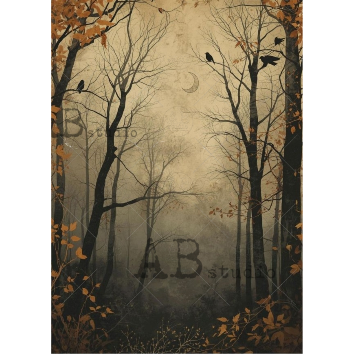 Image depicting a misty, foggy forest with bare trees, autumn leaves in orange and brown, several black crows perched on branches, and a pale crescent moon in the sky. The scene has a vintage, textured parchment-like background.
