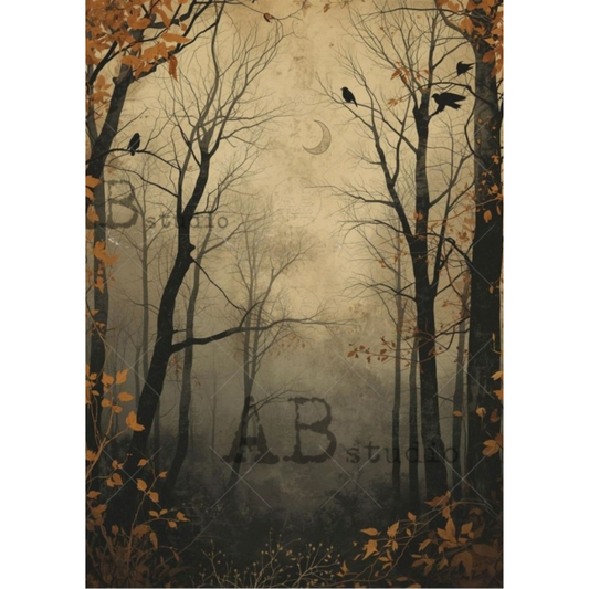 Image depicting a misty, foggy forest with bare trees, autumn leaves in orange and brown, several black crows perched on branches, and a pale crescent moon in the sky. The scene has a vintage, textured parchment-like background.