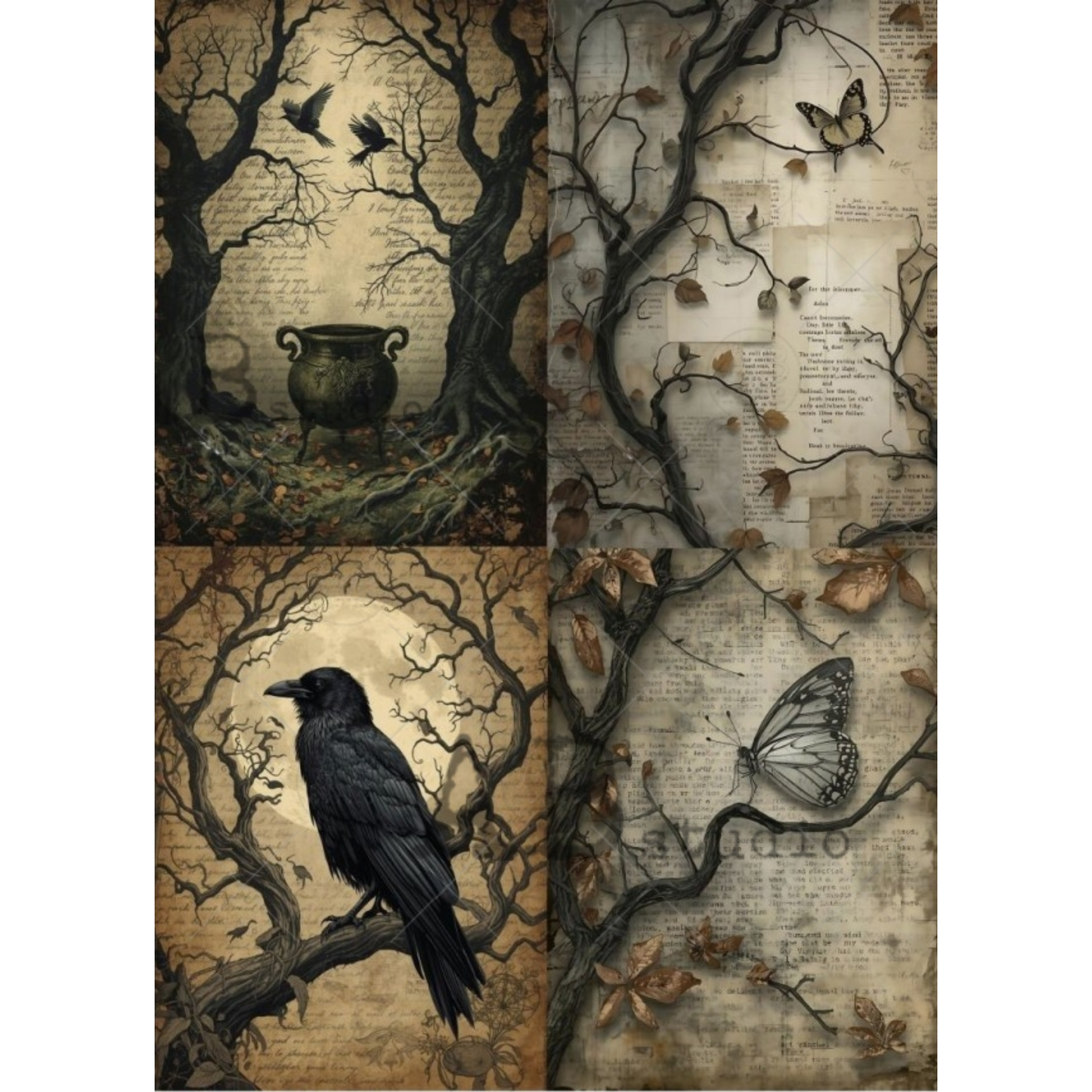 A gothic collage of four panels: a cauldron in a dark forest, a raven perched on a branch, butterflies, and aged book pages with leaves and branches.