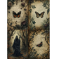 Four gothic designs featuring a dark hooded ghost in a graveyard, surrounded by butterflies, roses, and vintage script on aged parchment backgrounds.