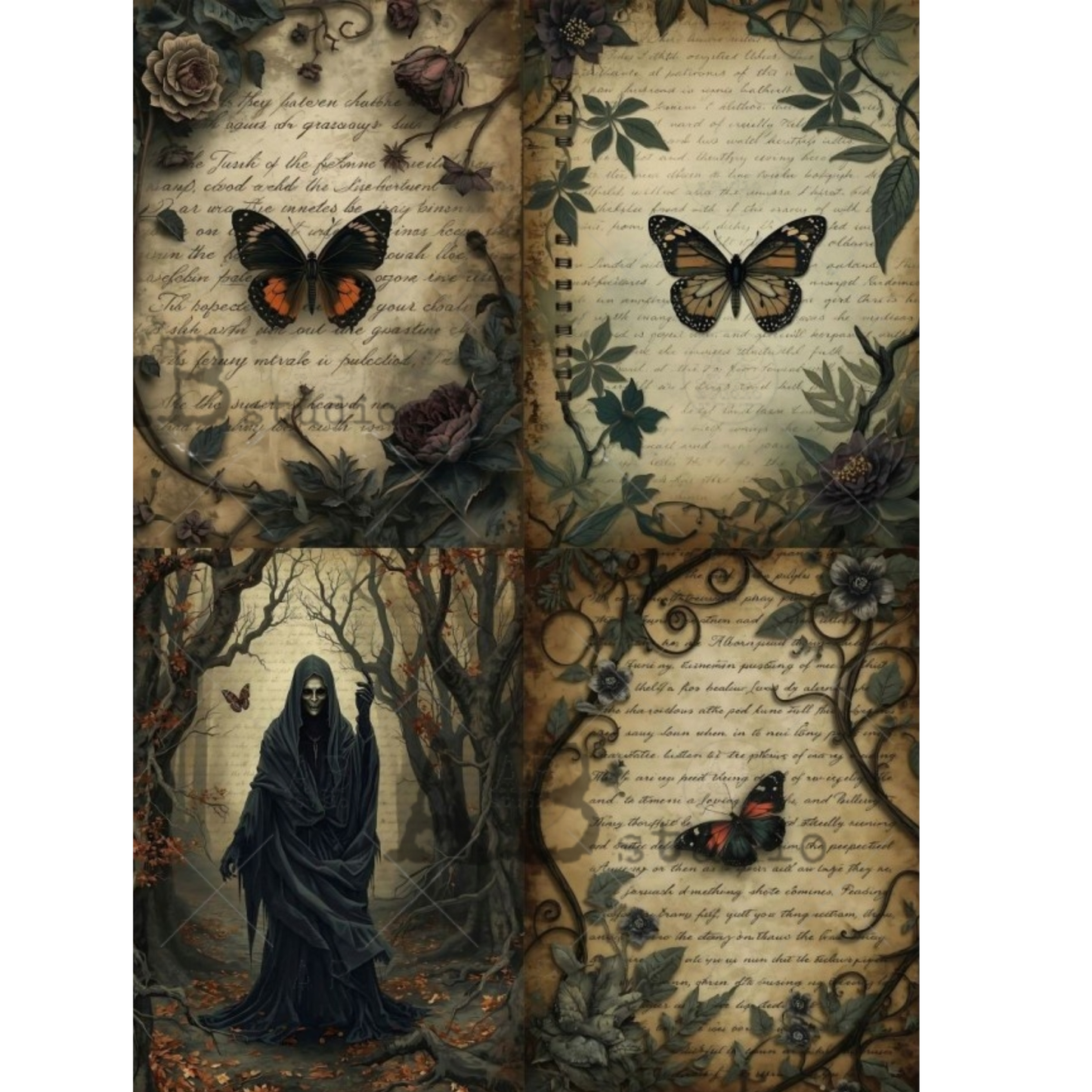 Four gothic designs featuring a dark hooded ghost in a graveyard, surrounded by butterflies, roses, and vintage script on aged parchment backgrounds.