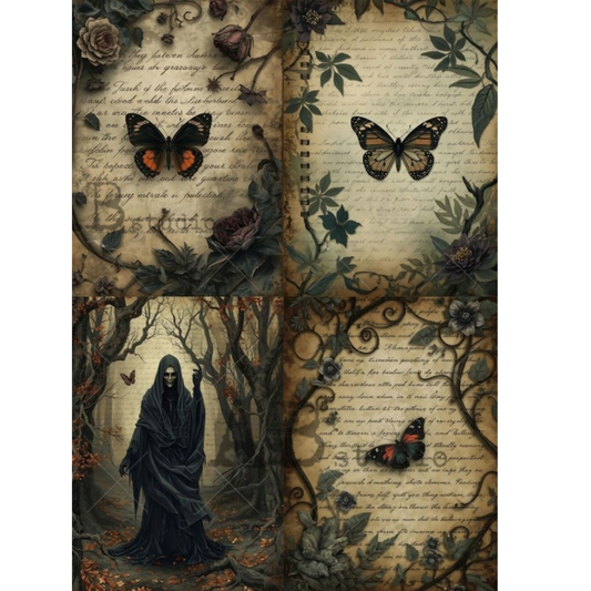 Four gothic designs featuring a dark hooded ghost in a graveyard, surrounded by butterflies, roses, and vintage script on aged parchment backgrounds.